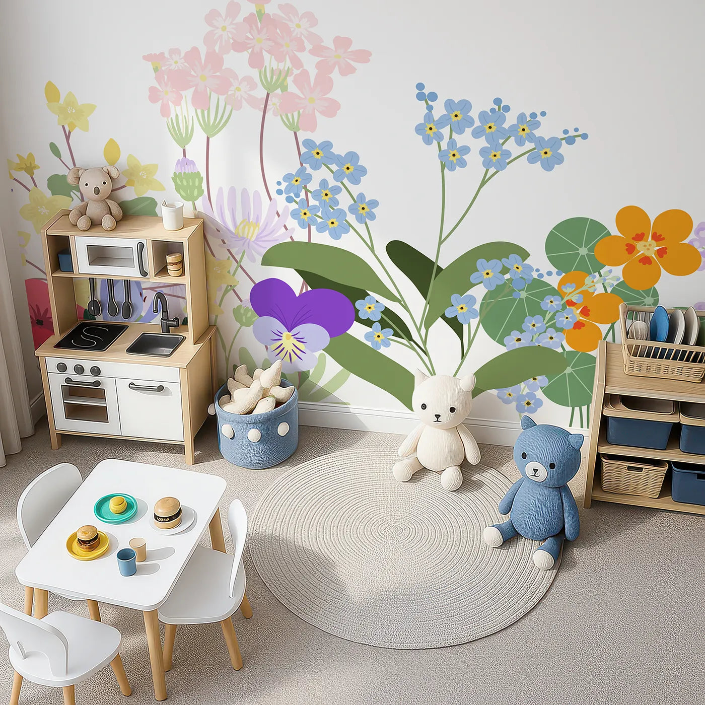 Top-down view of Whimsy Tots' Simple Wildflower Border Wall Mural (Turn Their Room into a Meadow of Delicate, Colorful Blooms).Gender-Neutral
