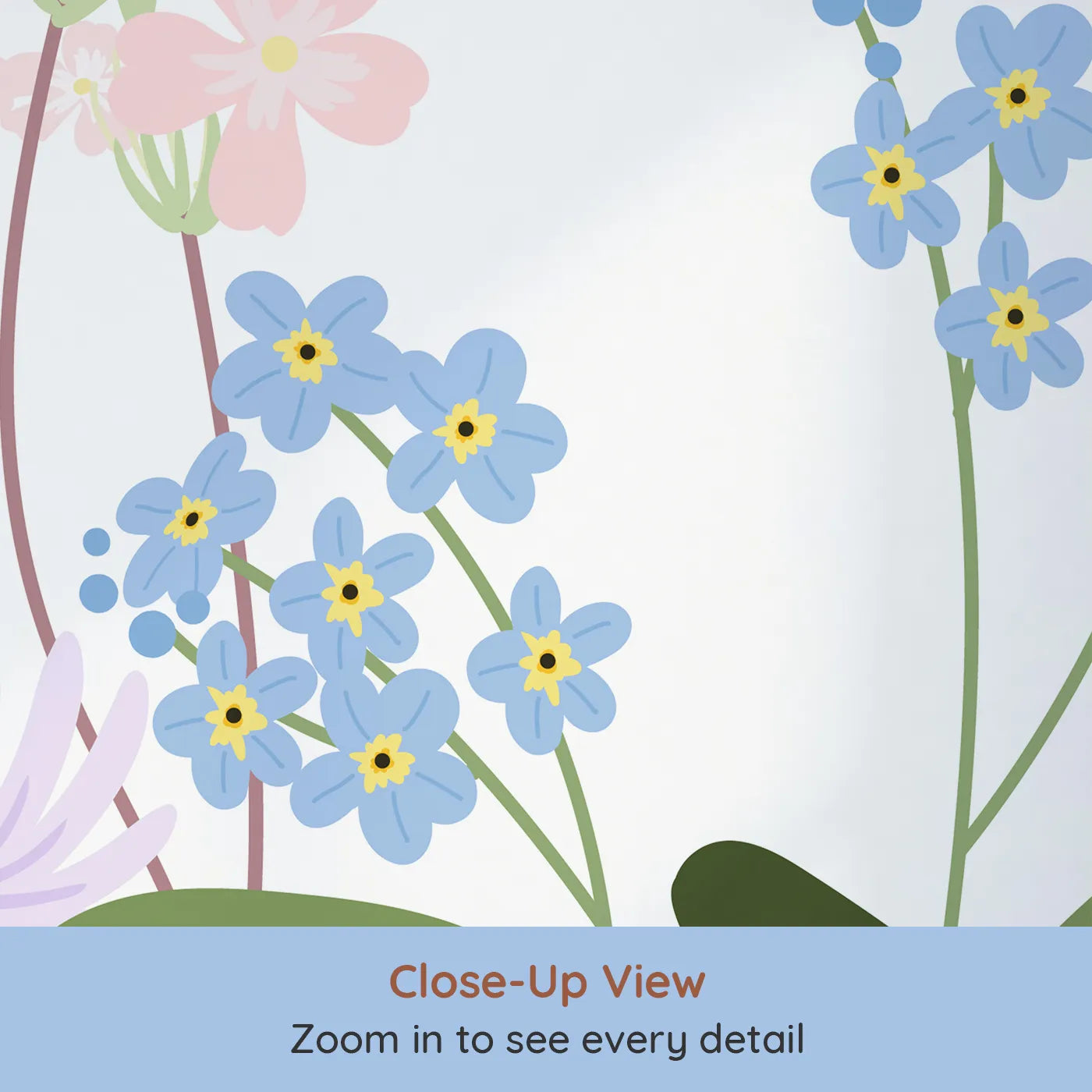 Close-up view of Whimsy Tots' Simple Wildflower Border Wall Mural (Turn Their Room into a Meadow of Delicate, Colorful Blooms).Gender-Neutral