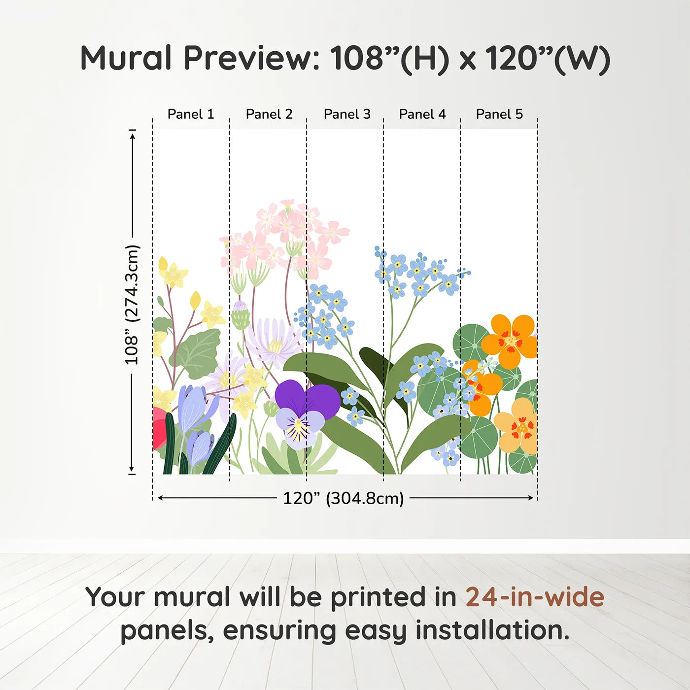 Whimsy Tots Simple Wildflower Border Wall Muraldimension view (108" H x 120" W). Printed in five 24-inch-wide panels. Gender-Neutral