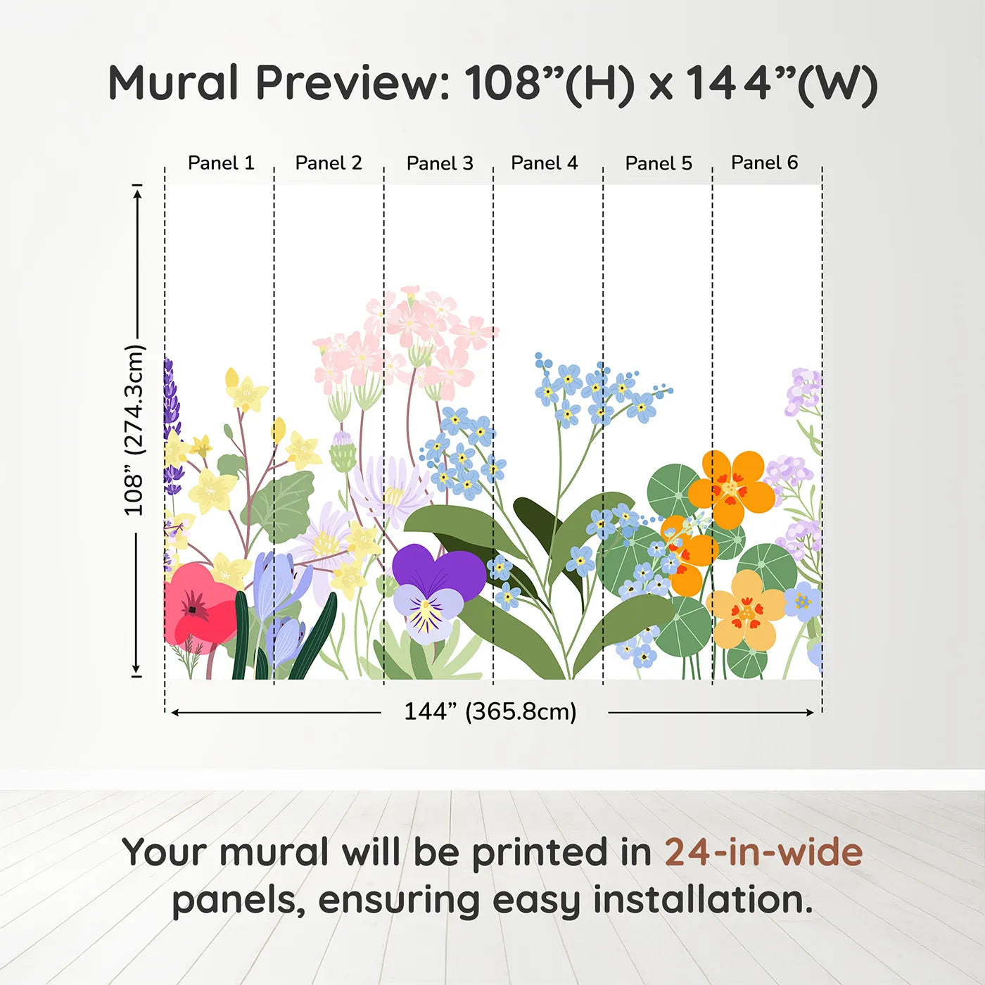Whimsy Tots Simple Wildflower Border Wall Muraldimension view (108" H x 144" W). Printed in six 24-inch-wide panels. Gender-Neutral