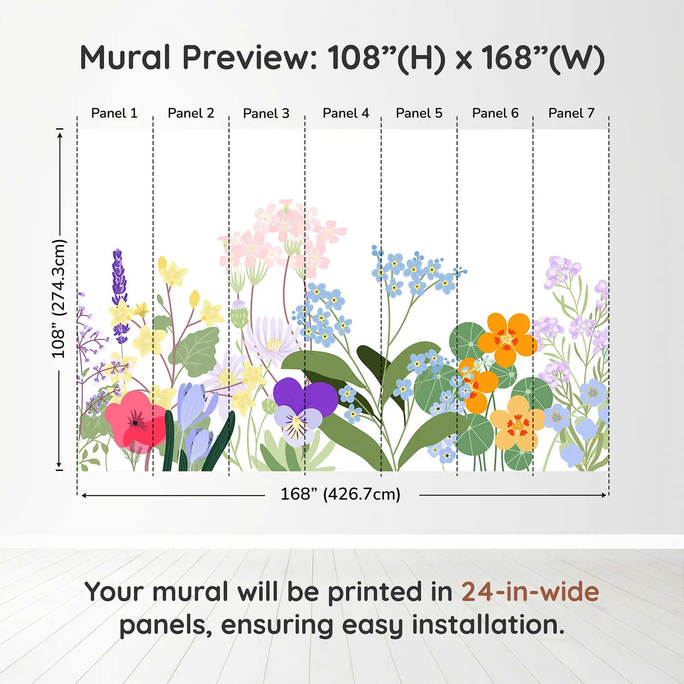Whimsy Tots Simple Wildflower Border Wall Muraldimension view (108" H x 168" W). Printed in seven 24-inch-wide panels. Gender-Neutral