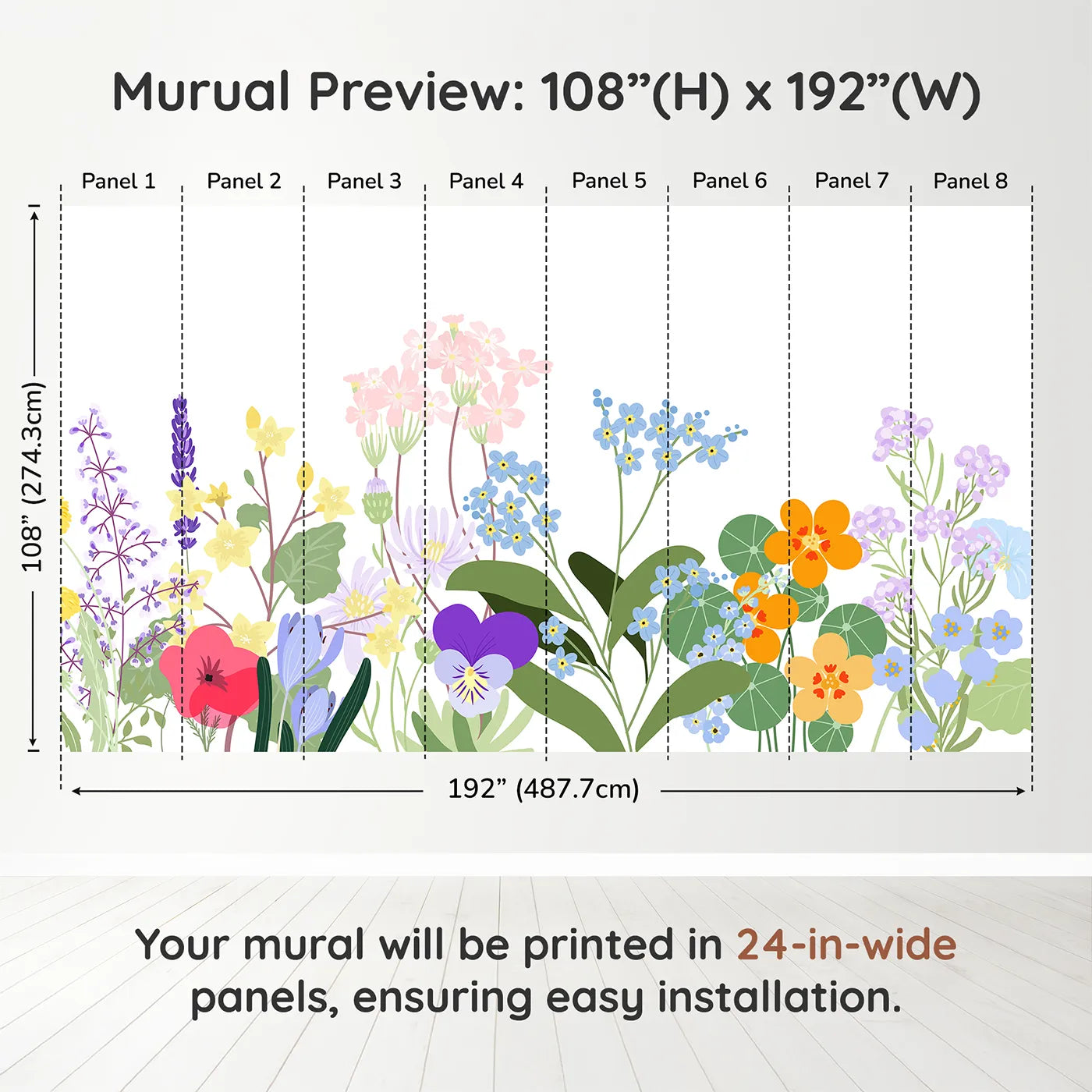 Whimsy Tots Simple Wildflower Border Wall Muraldimension view (108" H x 192" W). Printed in eight 24-inch-wide panels. Gender-Neutral