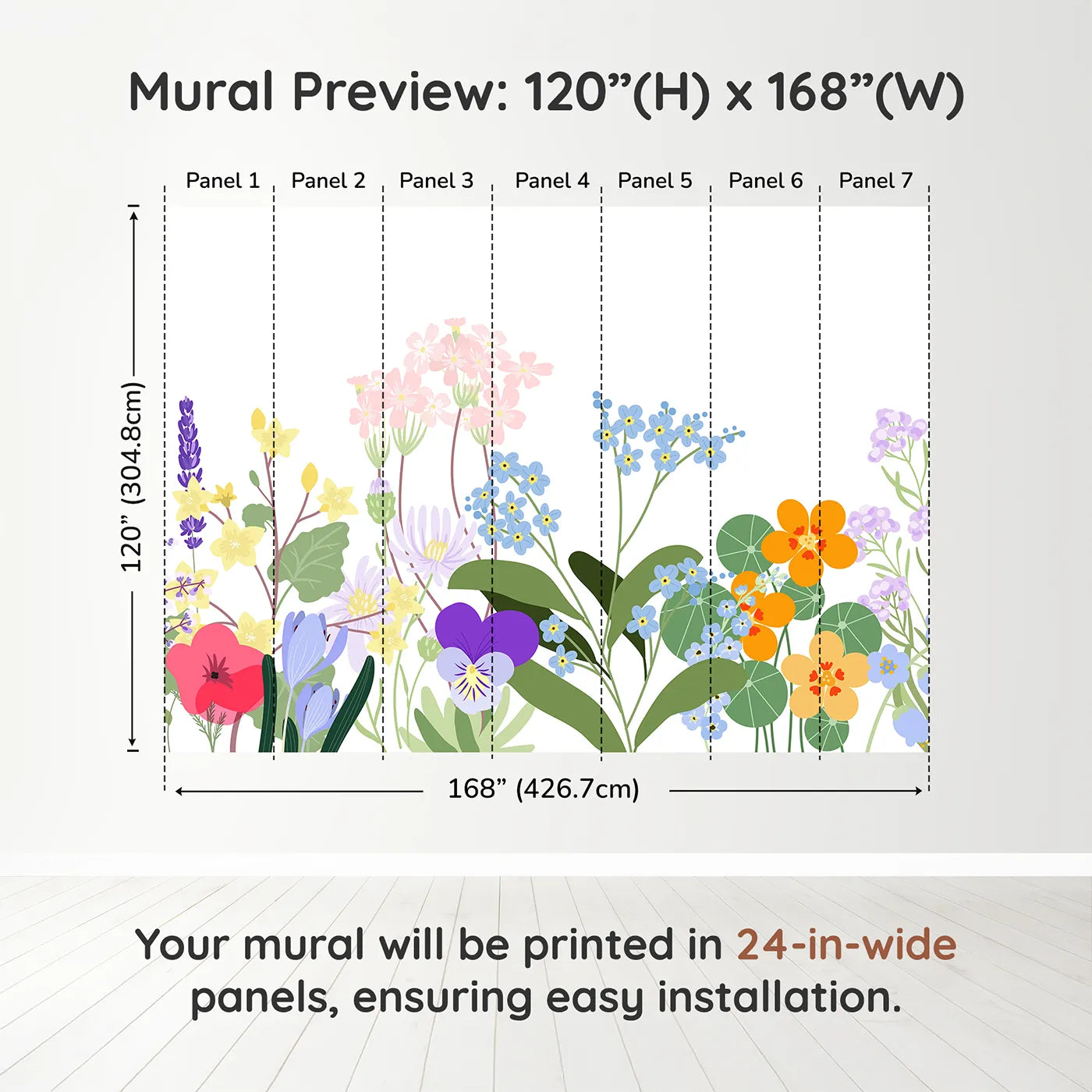Whimsy Tots Simple Wildflower Border Wall Muraldimension view (120" H x 168" W). Printed in seven 24-inch-wide panels. Gender-Neutral