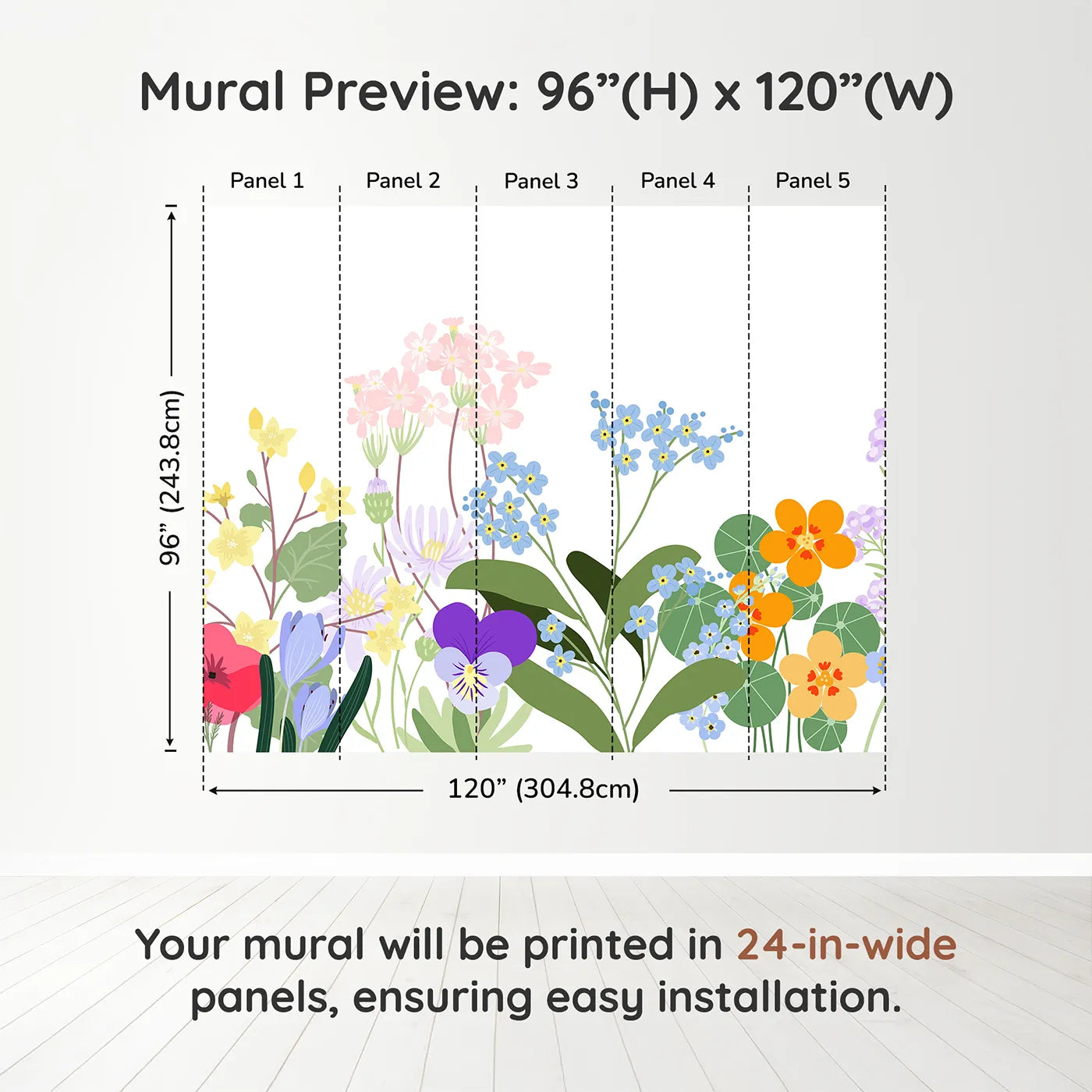 Whimsy Tots Simple Wildflower Border Wall Muraldimension view (96" H x 120" W). Printed in five 24-inch-wide panels. Gender-Neutral