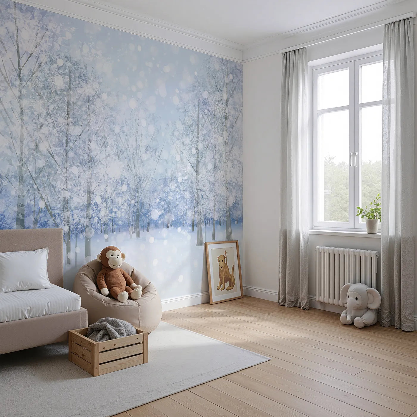 Angled view of Whimsy Tots' Sparkling Winter Forest Wall Mural (Turn Their Room into a Magical, Snow-Covered Wonderland).Gender-Neutral
