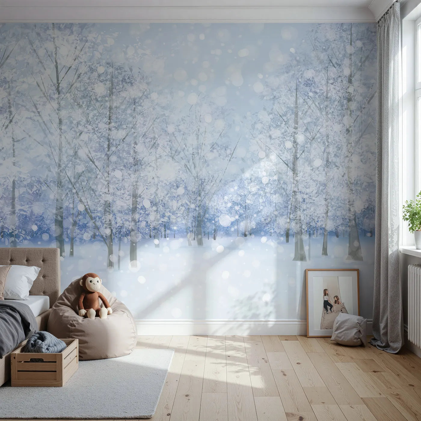 Front view of Whimsy Tots' Sparkling Winter Forest Wall Mural