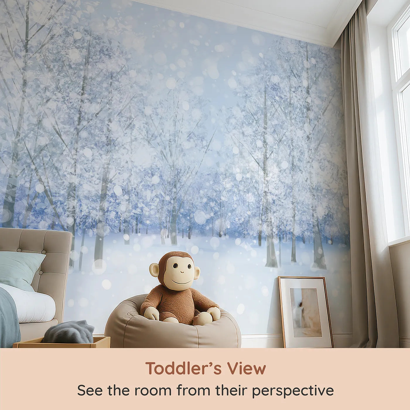 Whimsy Tots Sparkling Winter Forest Wall Mural (Turn Their Room into a Magical, Snow-Covered Wonderland) from your child's view.Gender-Neutral