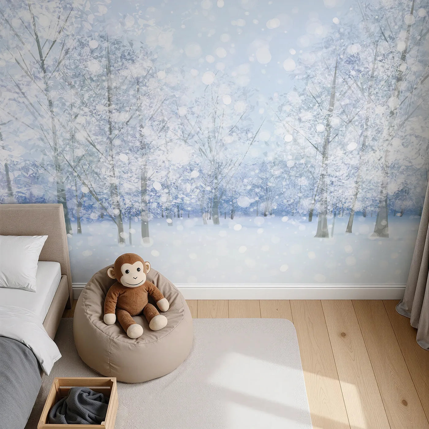 Top-down view of Whimsy Tots' Sparkling Winter Forest Wall Mural (Turn Their Room into a Magical, Snow-Covered Wonderland).Gender-Neutral