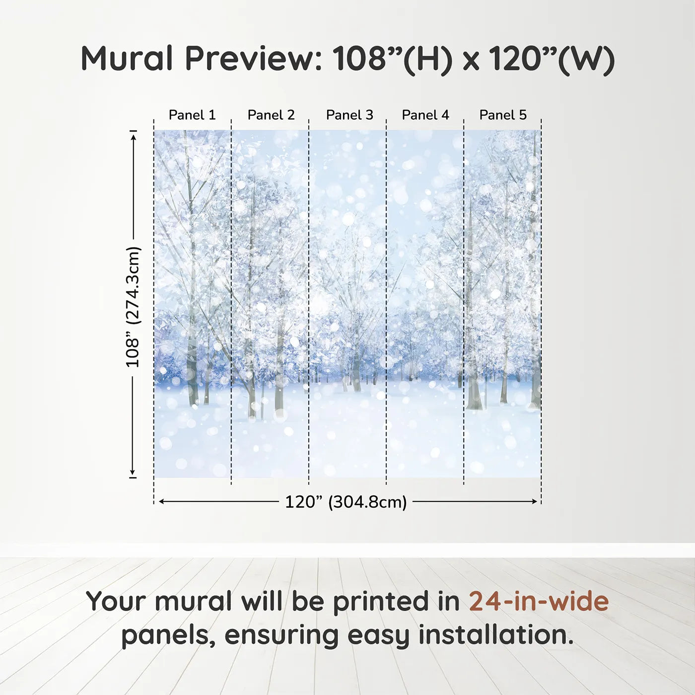 Whimsy Tots Sparkling Winter Forest Wall Muraldimension view (108" H x 120" W). Printed in five 24-inch-wide panels. Gender-Neutral
