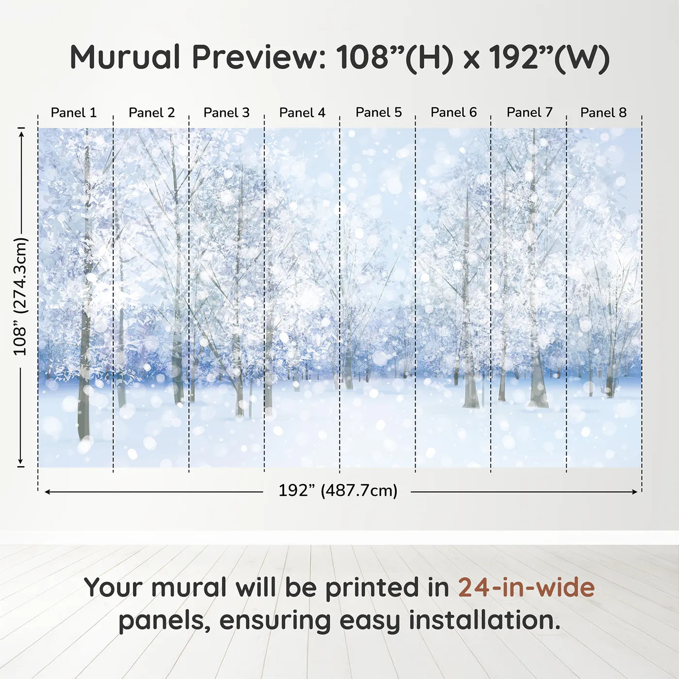Whimsy Tots Sparkling Winter Forest Wall Muraldimension view (108" H x 192" W). Printed in eight 24-inch-wide panels. Gender-Neutral