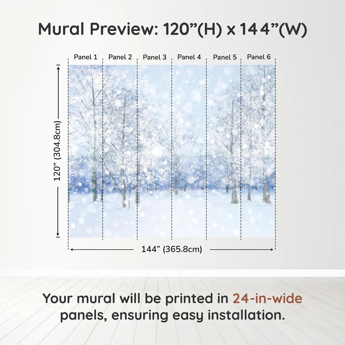 Whimsy Tots Sparkling Winter Forest Wall Muraldimension view (120" H x 144" W). Printed in six 24-inch-wide panels. Gender-Neutral