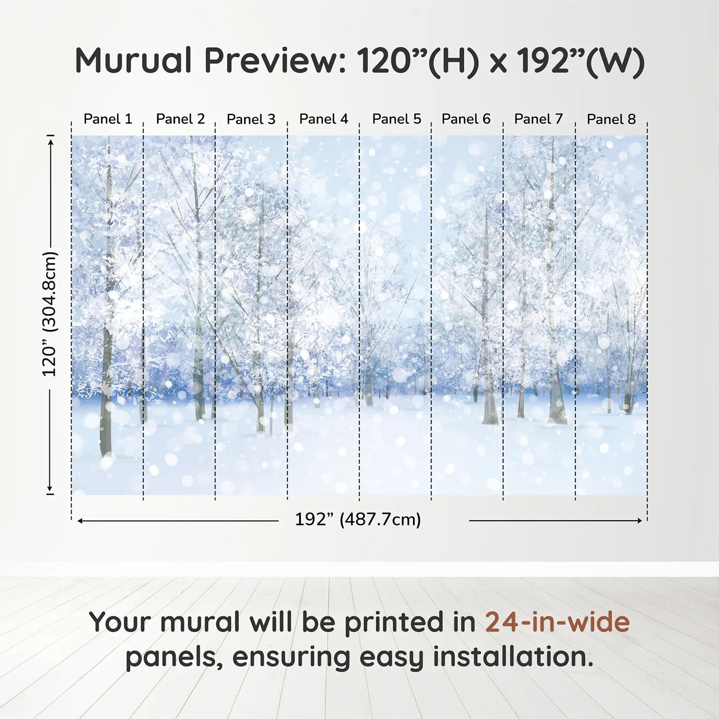Whimsy Tots Sparkling Winter Forest Wall Muraldimension view (120" H x 192" W). Printed in eight 24-inch-wide panels. Gender-Neutral