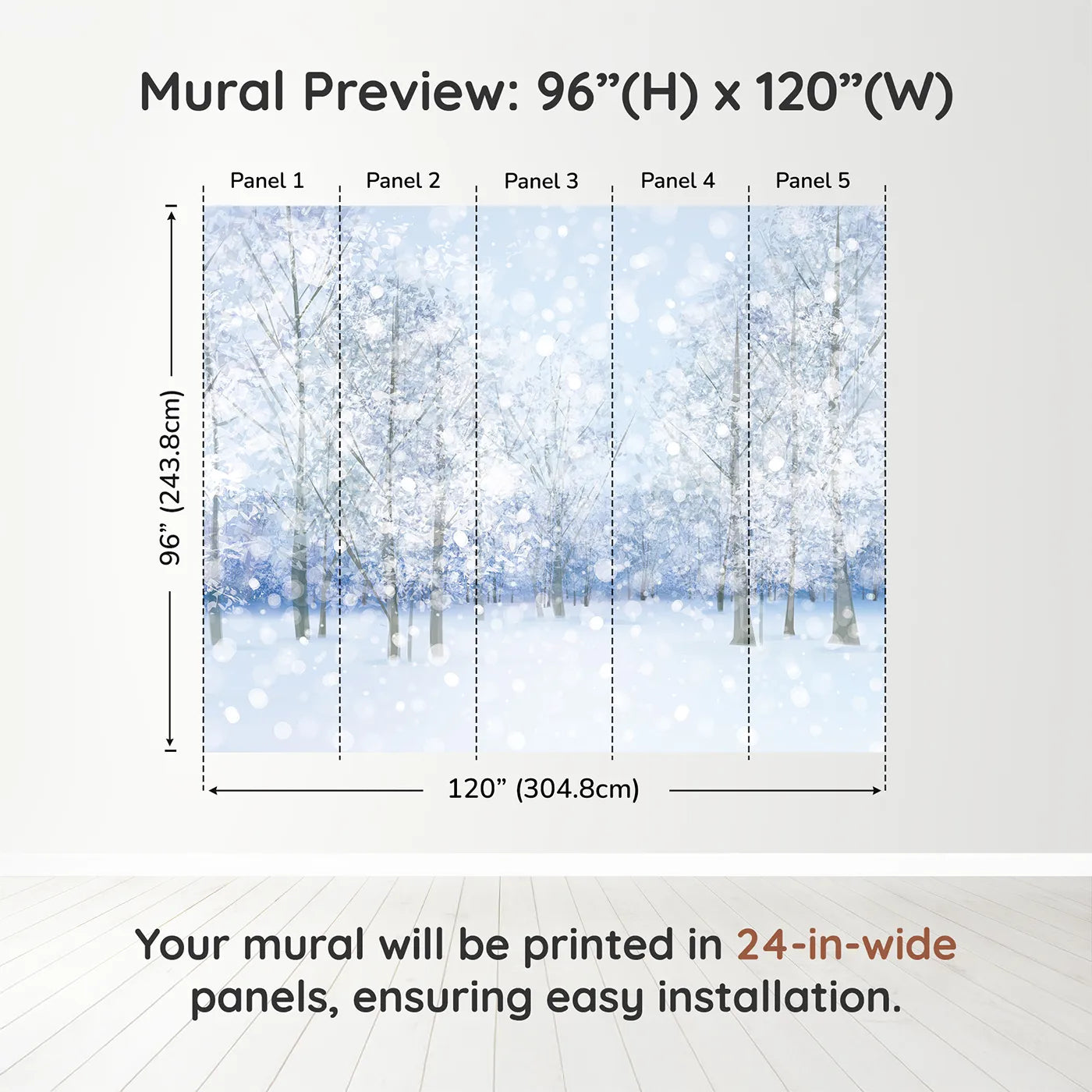 Whimsy Tots Sparkling Winter Forest Wall Muraldimension view (96" H x 120" W). Printed in five 24-inch-wide panels. Gender-Neutral