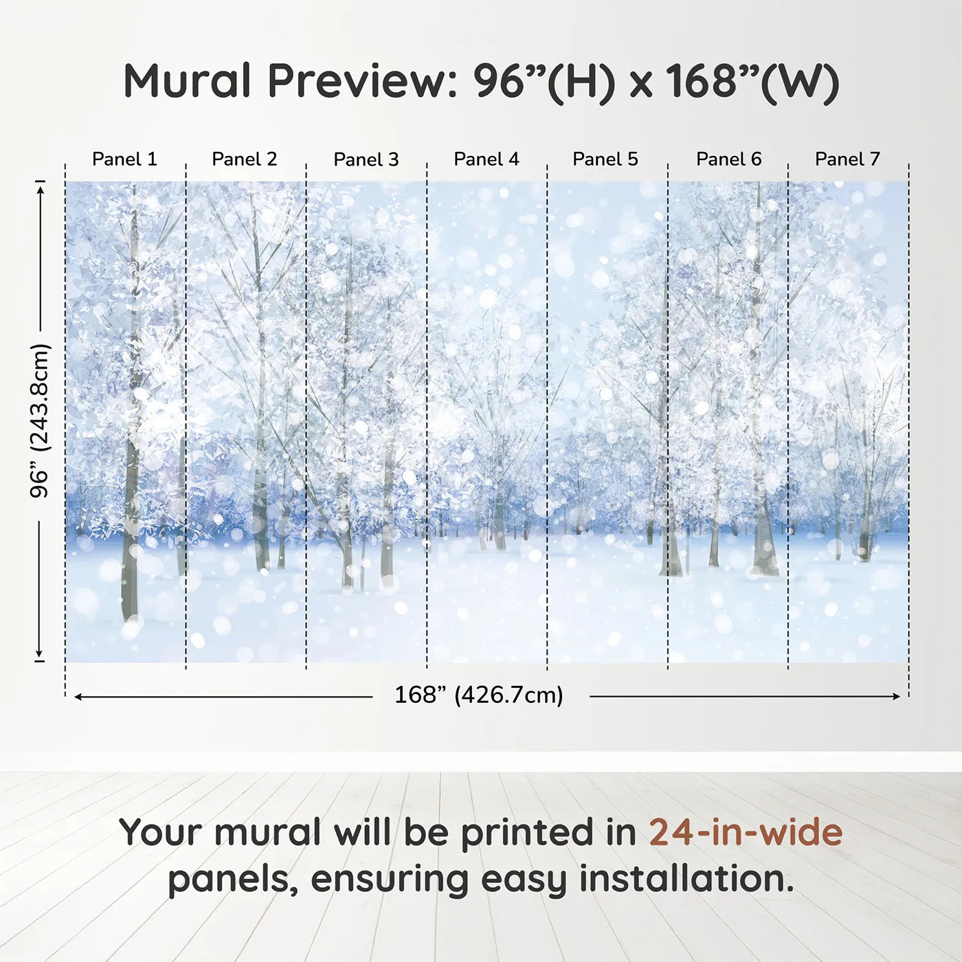 Whimsy Tots Sparkling Winter Forest Wall Muraldimension view (96" H x 168" W). Printed in seven 24-inch-wide panels. Gender-Neutral