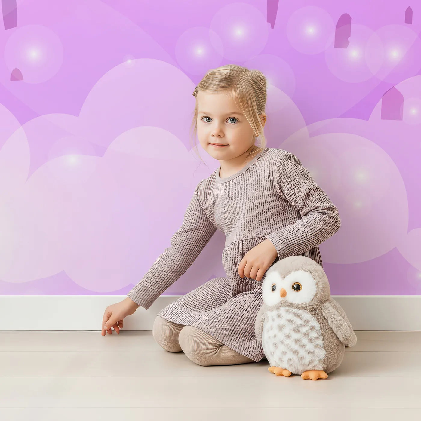 Child in front of Whimsy Tots Sparkling Cloud Castle Wall Mural with castle, sparkle, magic, fairytale, fantasy, pink, purple, cloud in design.