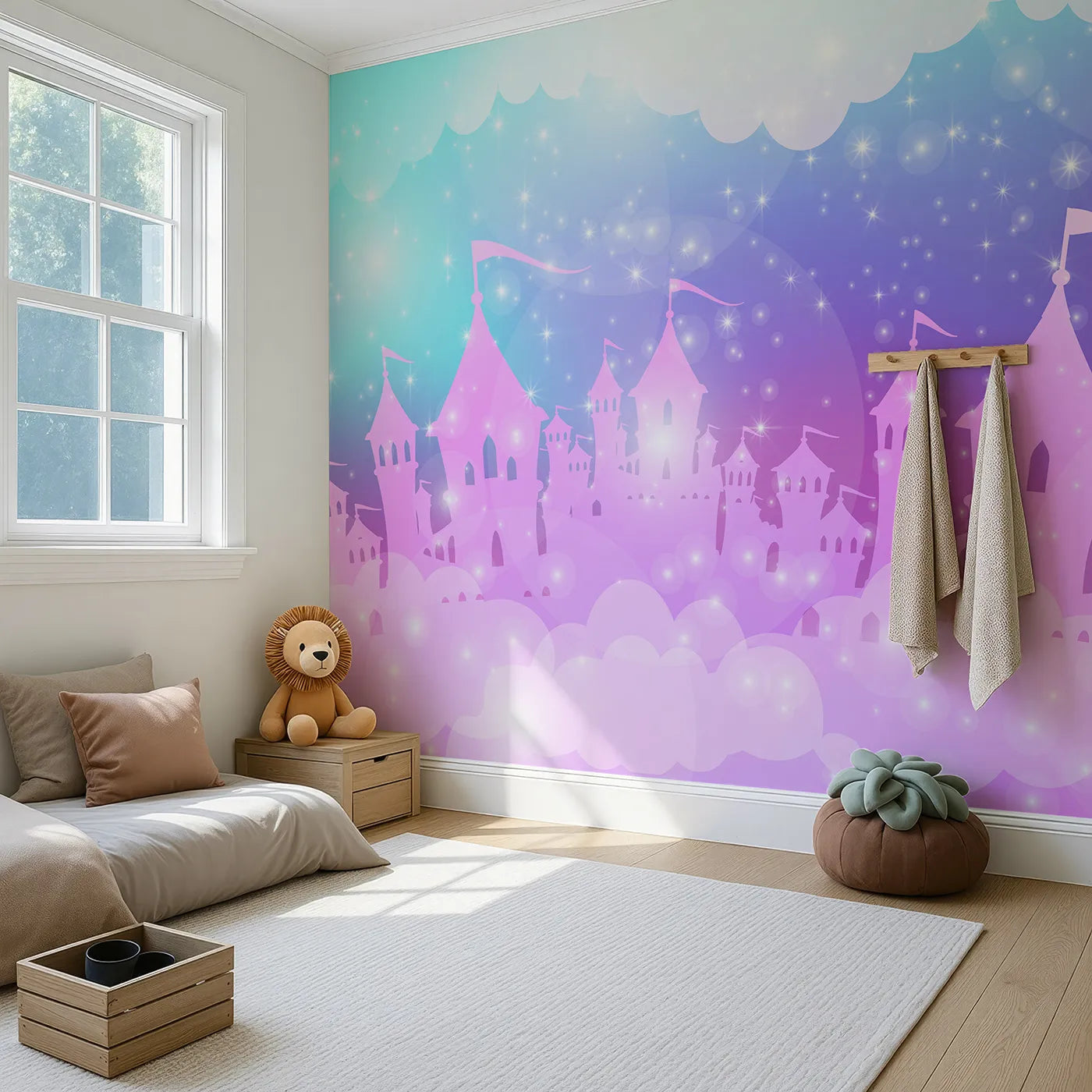 Angled view of Whimsy Tots' Sparkling Cloud Castle Wall Mural (Turn Their Room into a Glowing, Magical Fairytale Kingdom).Best for Girls