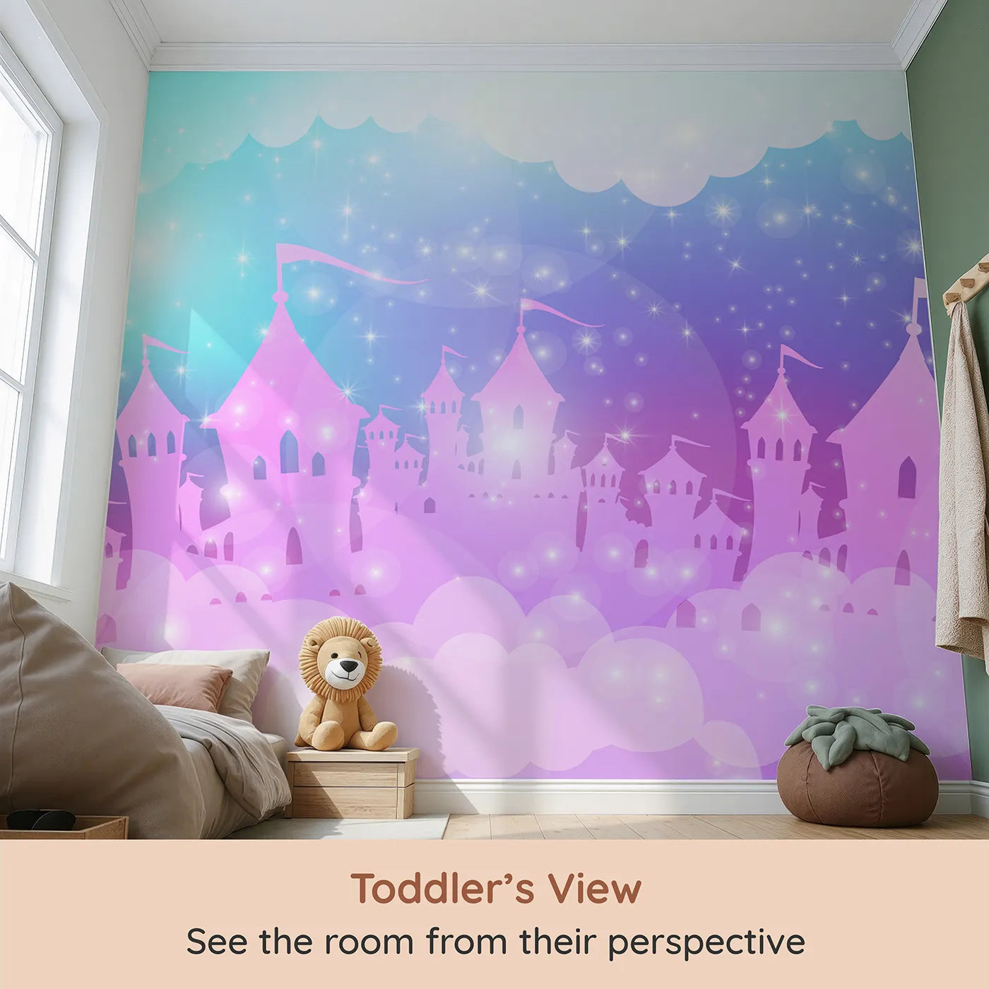 Whimsy Tots Sparkling Cloud Castle Wall Mural (Turn Their Room into a Glowing, Magical Fairytale Kingdom) from your child's view.Best for Girls
