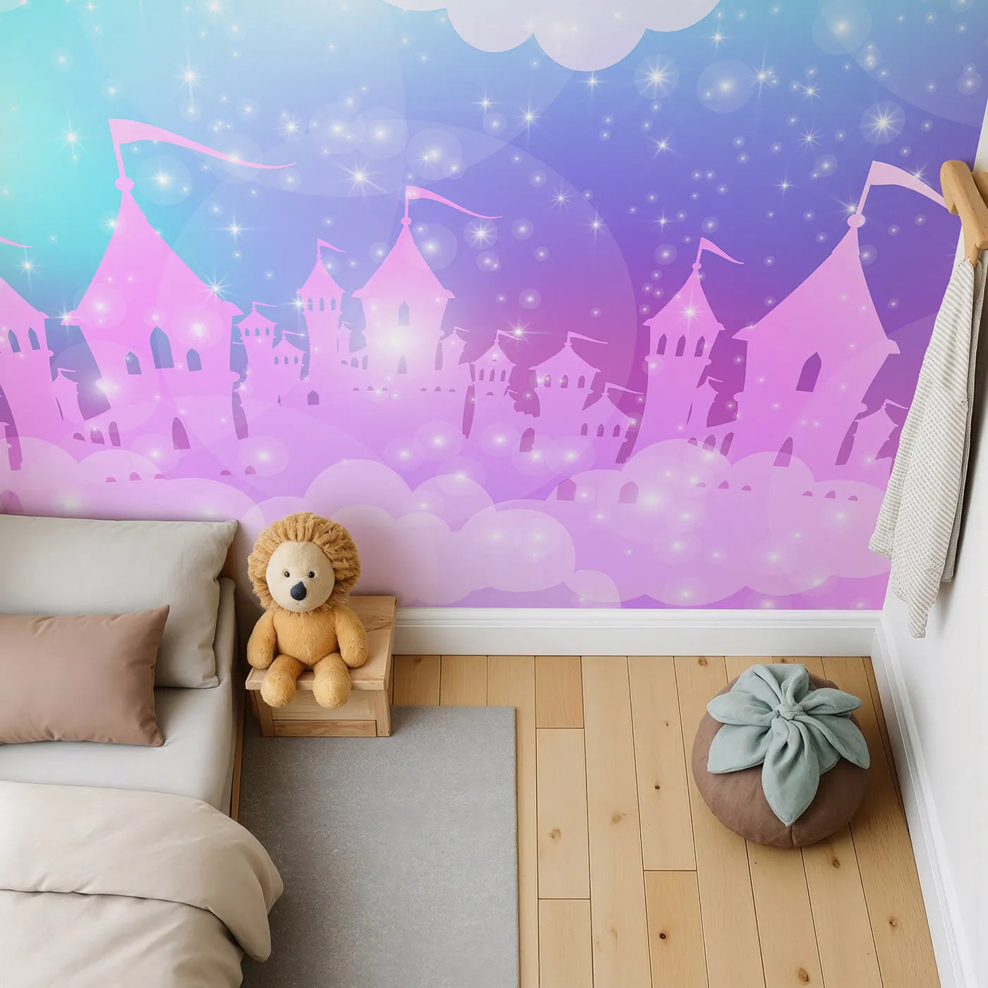Top-down view of Whimsy Tots' Sparkling Cloud Castle Wall Mural (Turn Their Room into a Glowing, Magical Fairytale Kingdom).Best for Girls