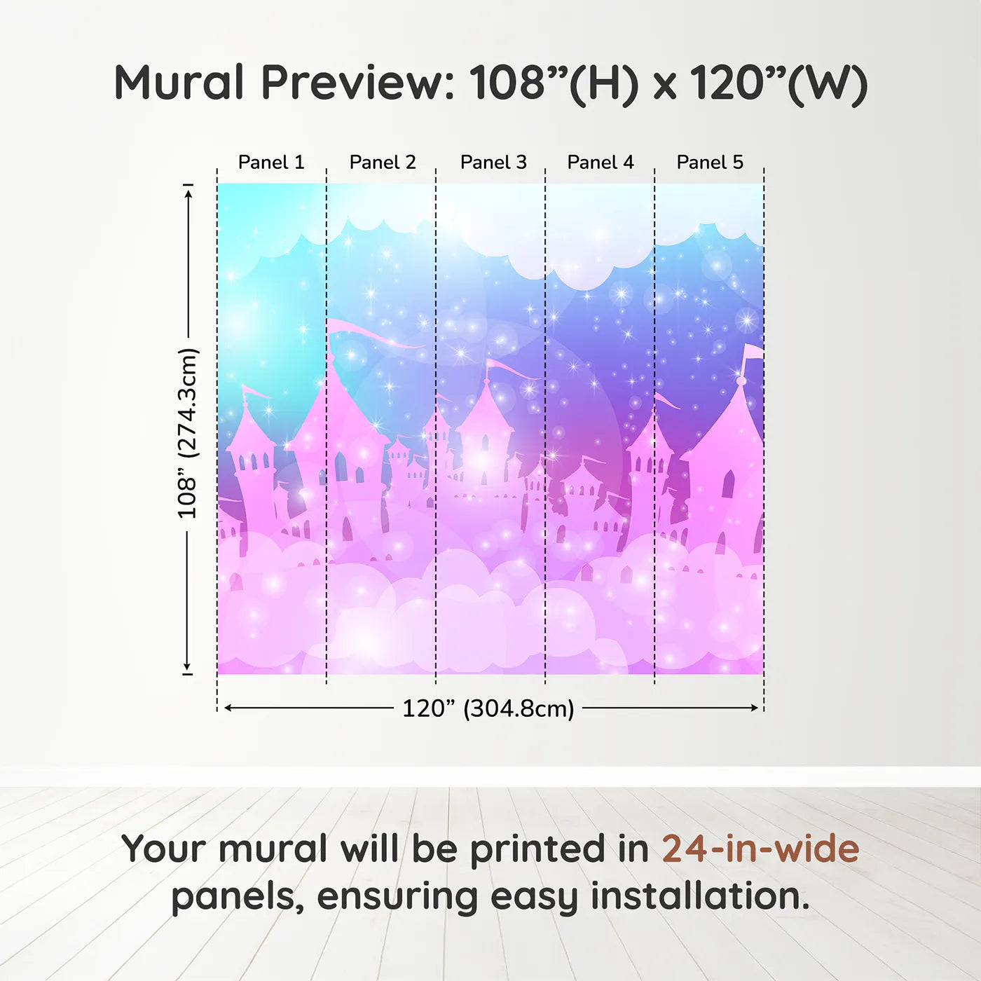 Whimsy Tots Sparkling Cloud Castle Wall Muraldimension view (108" H x 120" W). Printed in five 24-inch-wide panels. Best for Girls