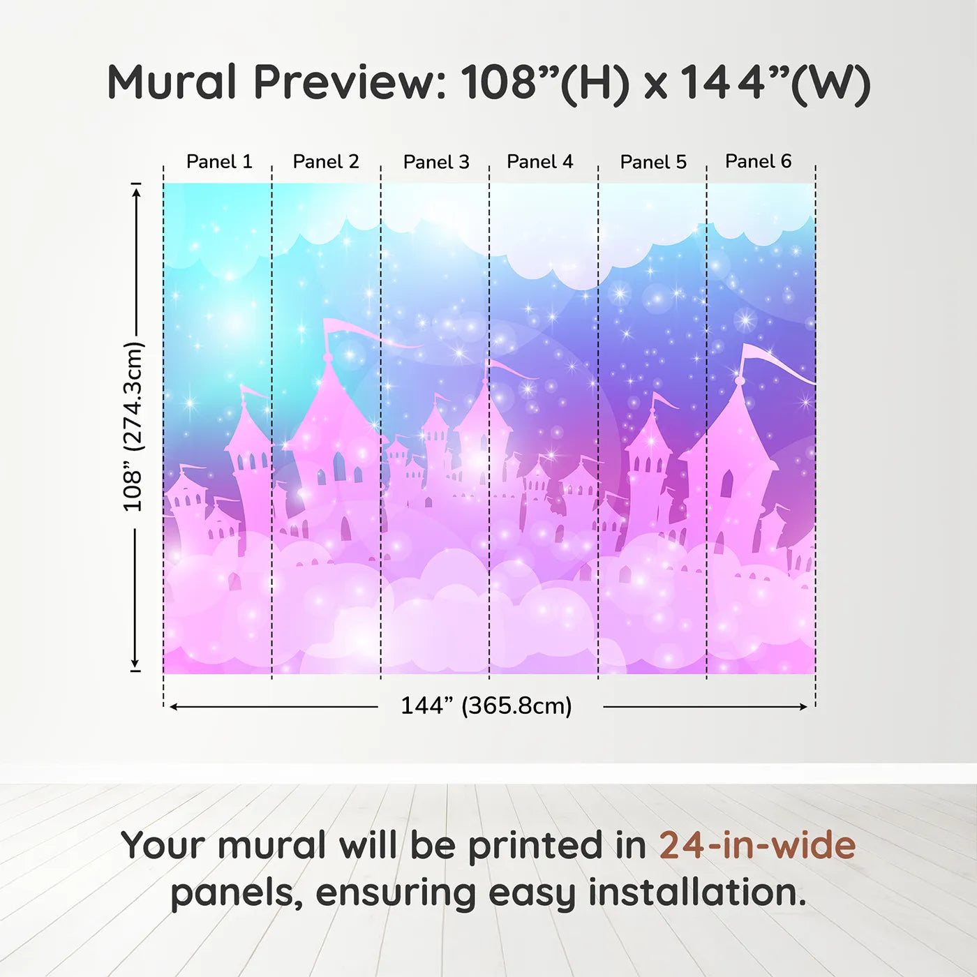 Whimsy Tots Sparkling Cloud Castle Wall Muraldimension view (108" H x 144" W). Printed in six 24-inch-wide panels. Best for Girls