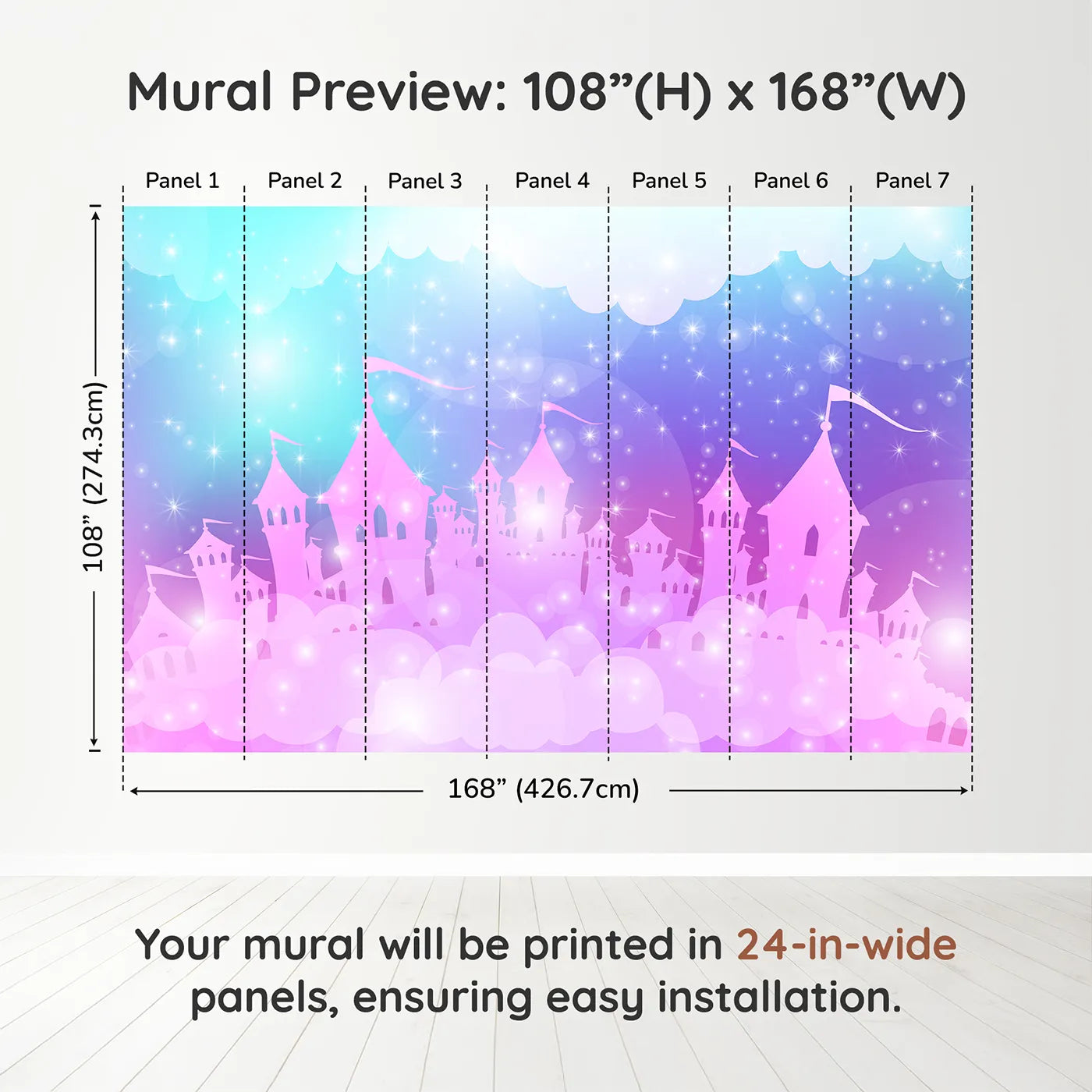 Whimsy Tots Sparkling Cloud Castle Wall Muraldimension view (108" H x 168" W). Printed in seven 24-inch-wide panels. Best for Girls