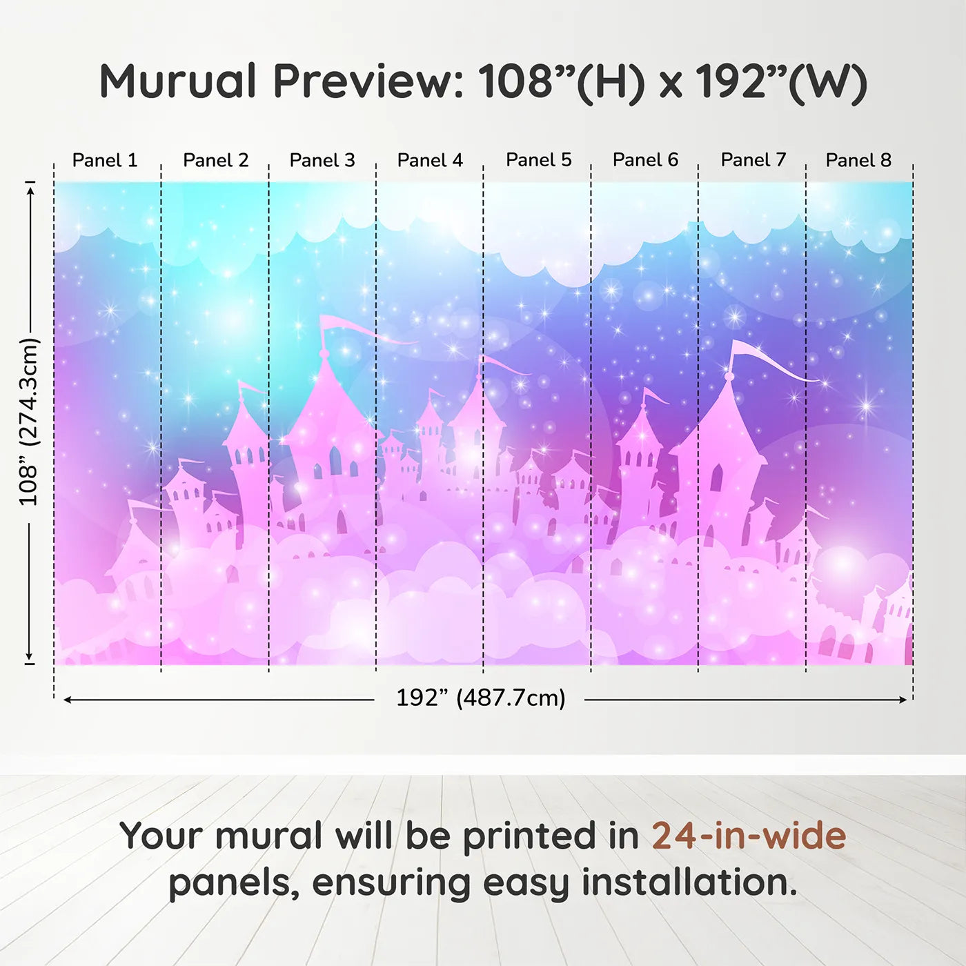 Whimsy Tots Sparkling Cloud Castle Wall Muraldimension view (108" H x 192" W). Printed in eight 24-inch-wide panels. Best for Girls