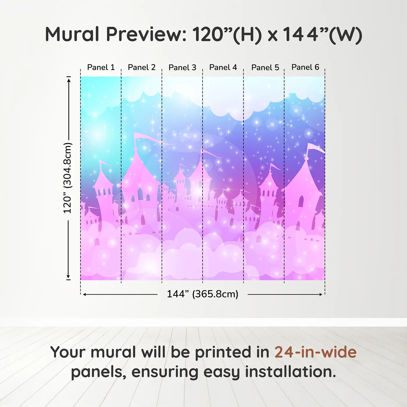 Whimsy Tots Sparkling Cloud Castle Wall Muraldimension view (120" H x 144" W). Printed in six 24-inch-wide panels. Best for Girls
