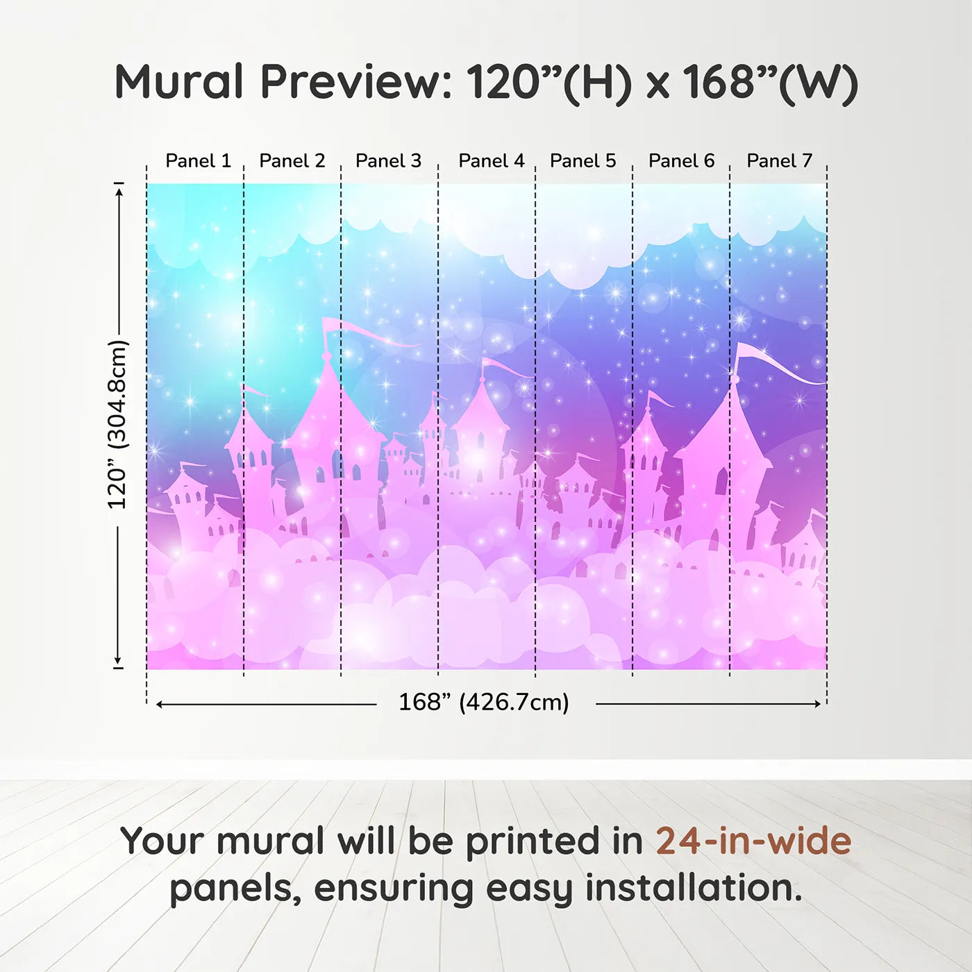 Whimsy Tots Sparkling Cloud Castle Wall Muraldimension view (120" H x 168" W). Printed in seven 24-inch-wide panels. Best for Girls