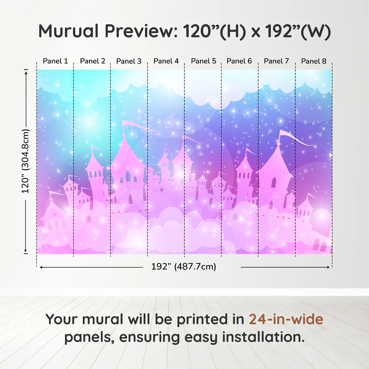 Whimsy Tots Sparkling Cloud Castle Wall Muraldimension view (120" H x 192" W). Printed in eight 24-inch-wide panels. Best for Girls