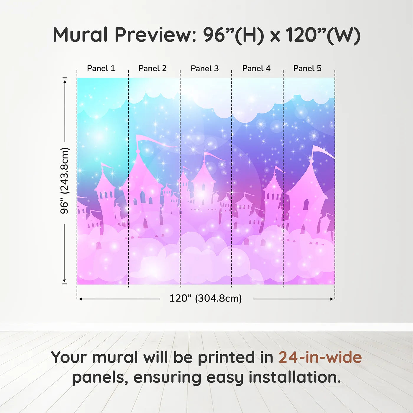 Whimsy Tots Sparkling Cloud Castle Wall Muraldimension view (96" H x 120" W). Printed in five 24-inch-wide panels. Best for Girls