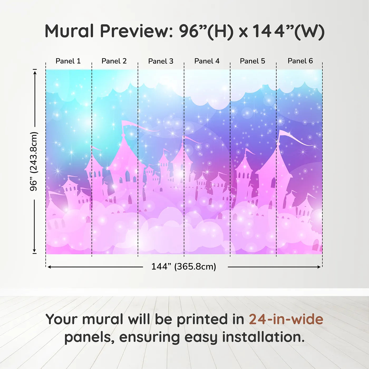 Whimsy Tots Sparkling Cloud Castle Wall Muraldimension view (96" H x 144" W). Printed in six 24-inch-wide panels. Best for Girls
