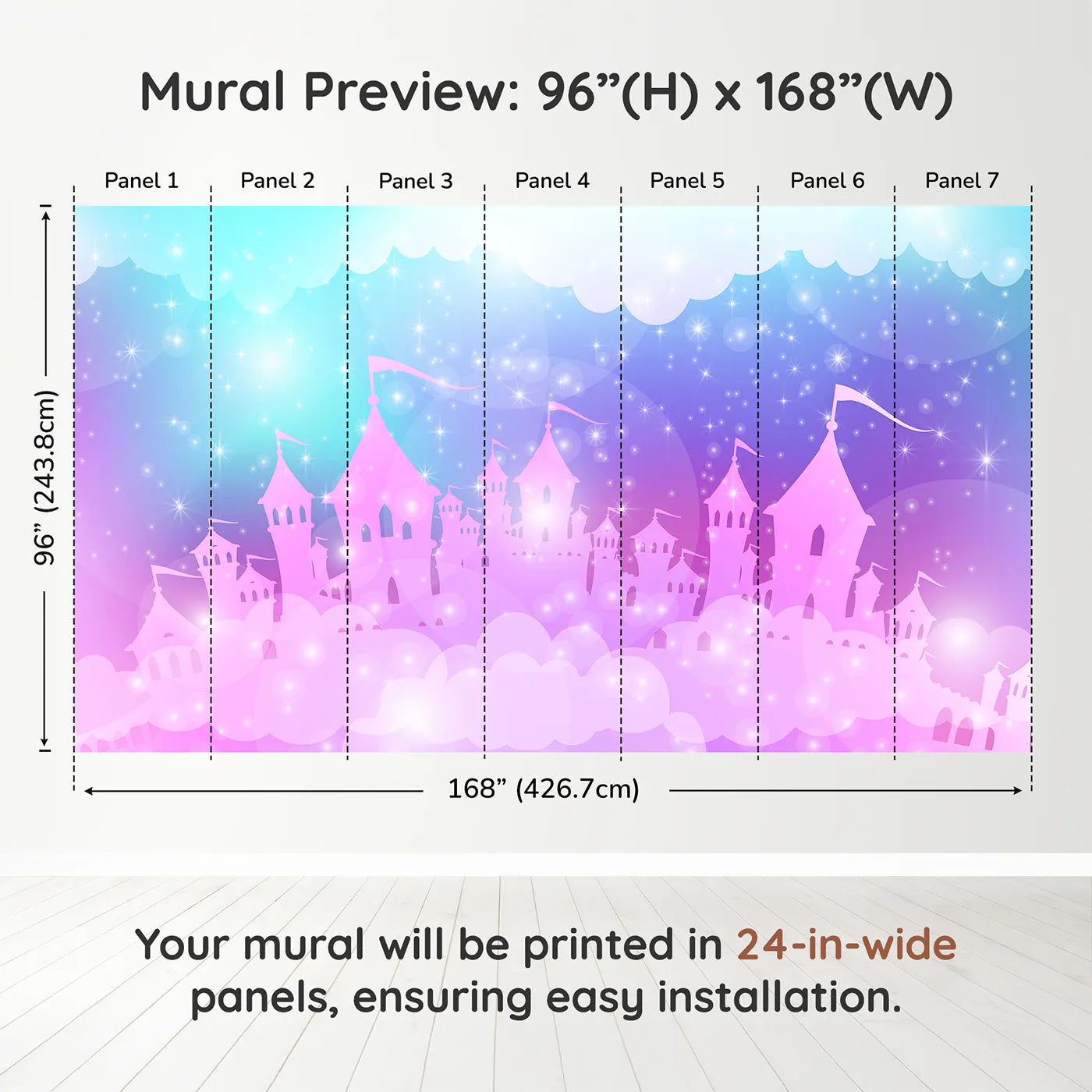 Whimsy Tots Sparkling Cloud Castle Wall Muraldimension view (96" H x 168" W). Printed in seven 24-inch-wide panels. Best for Girls