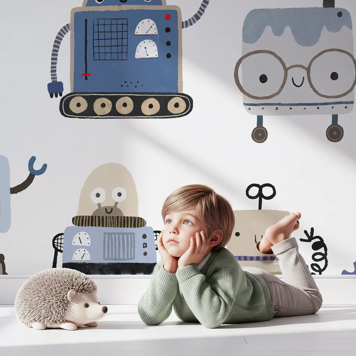 Child in front of Whimsy Tots Robot Friends Wall Mural with robot, future, tech, science, modern, cute, cartoon, pattern in design.