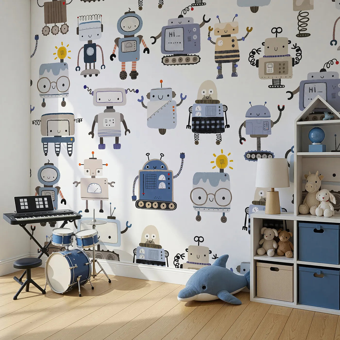 Angled view of Whimsy Tots' Robot Friends Wall Mural (Turn Their Room into a High-Tech Playground).Gender-Neutral
