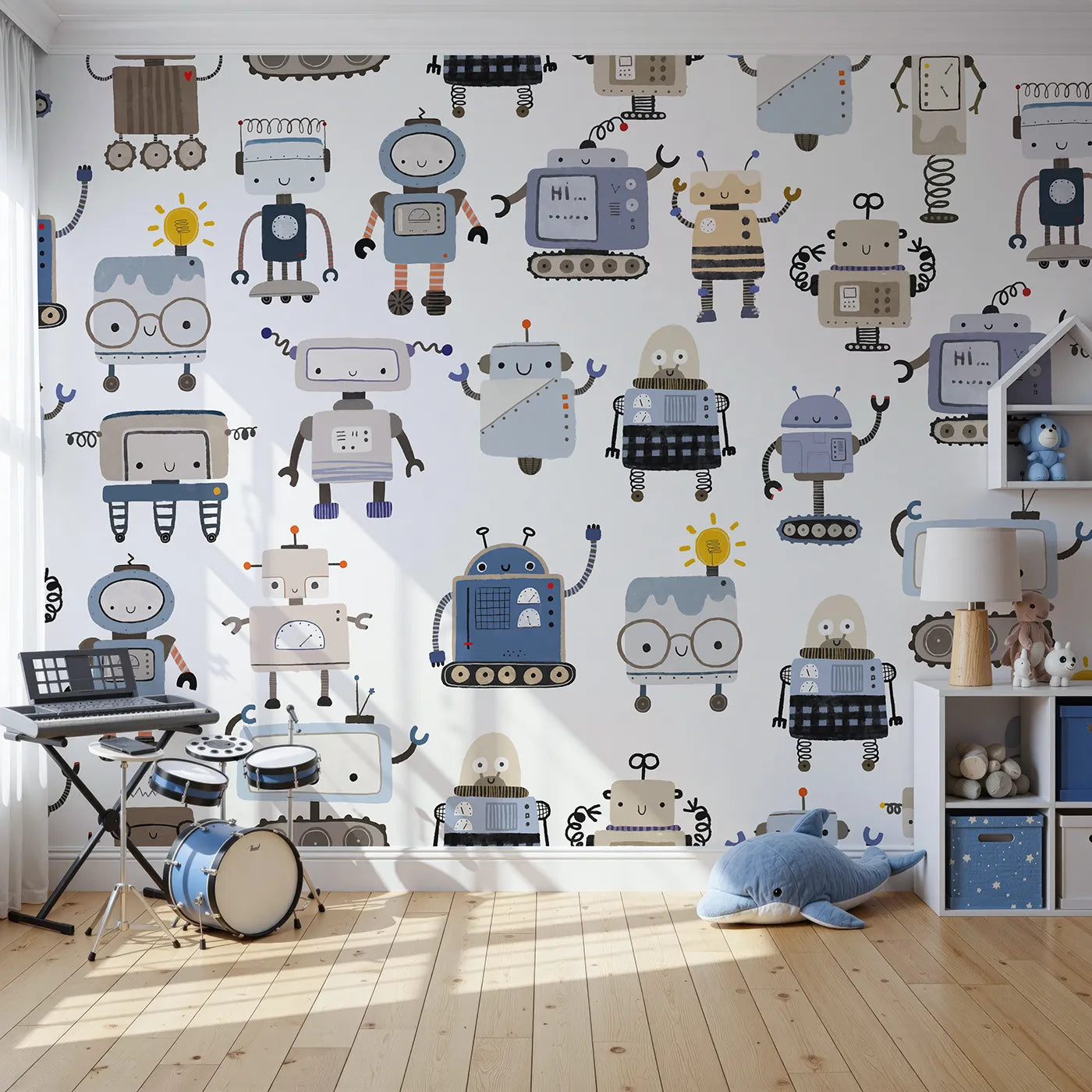 Front view of Whimsy Tots' Robot Friends Wall Mural