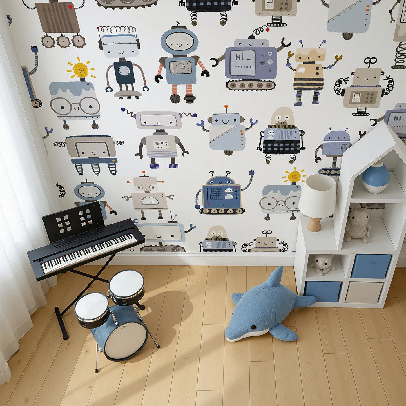 Top-down view of Whimsy Tots' Robot Friends Wall Mural (Turn Their Room into a High-Tech Playground).Gender-Neutral