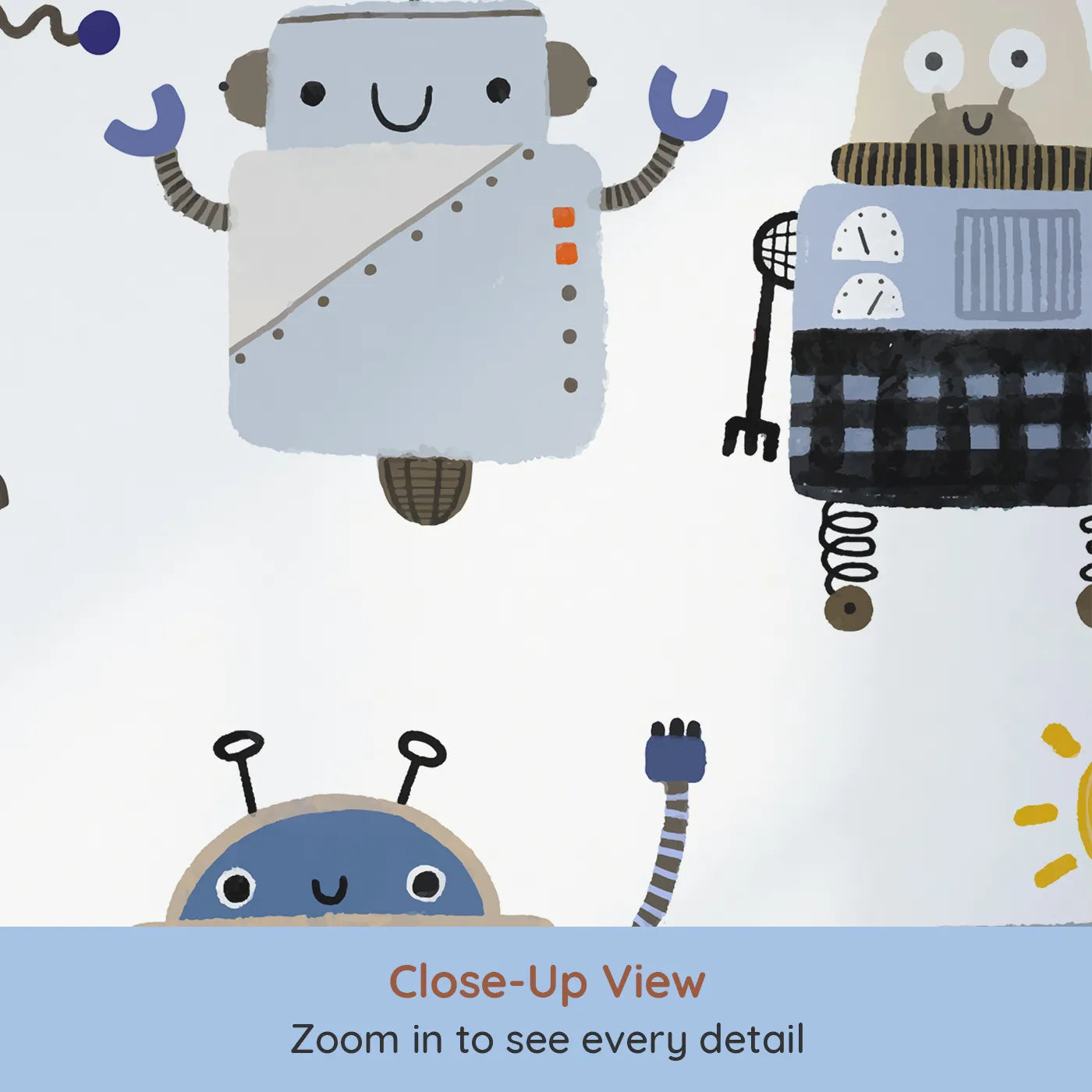 Close-up view of Whimsy Tots' Robot Friends Wall Mural (Turn Their Room into a High-Tech Playground).Gender-Neutral