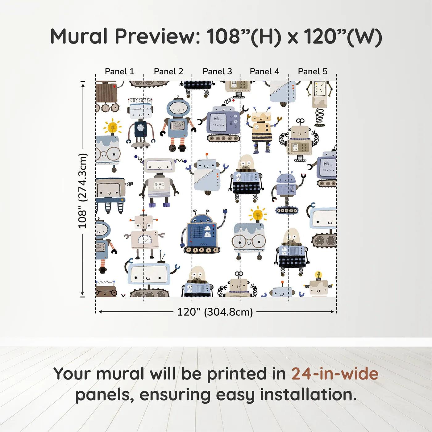 Whimsy Tots Robot Friends Wall Muraldimension view (108" H x 120" W). Printed in five 24-inch-wide panels. Gender-Neutral