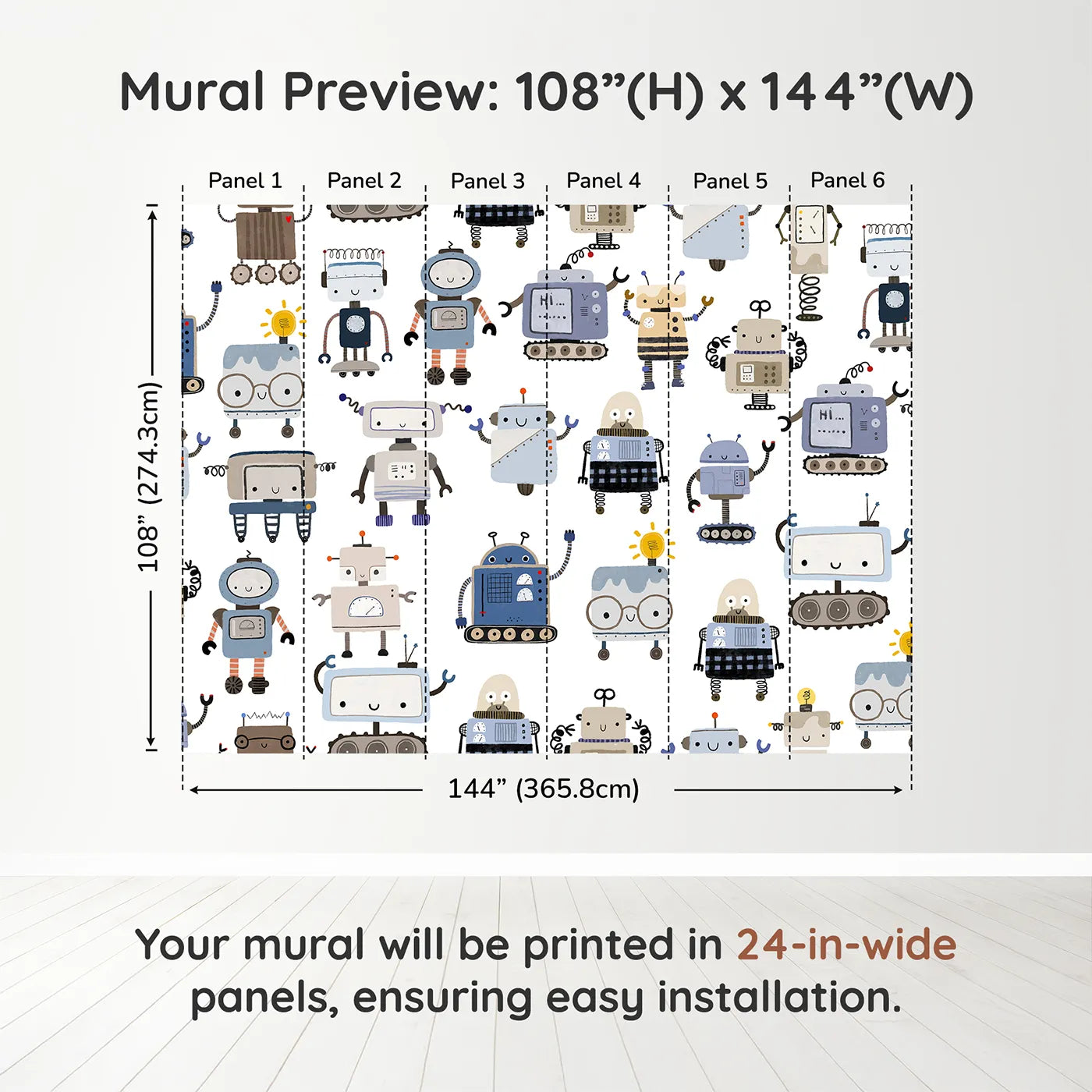 Whimsy Tots Robot Friends Wall Muraldimension view (108" H x 144" W). Printed in six 24-inch-wide panels. Gender-Neutral