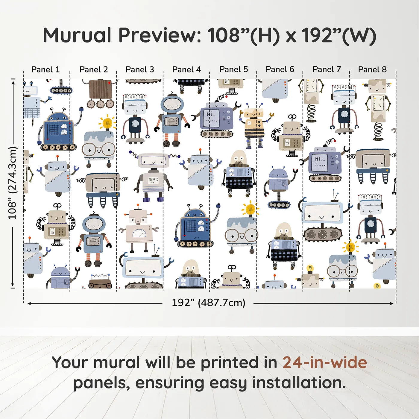 Whimsy Tots Robot Friends Wall Muraldimension view (108" H x 192" W). Printed in eight 24-inch-wide panels. Gender-Neutral