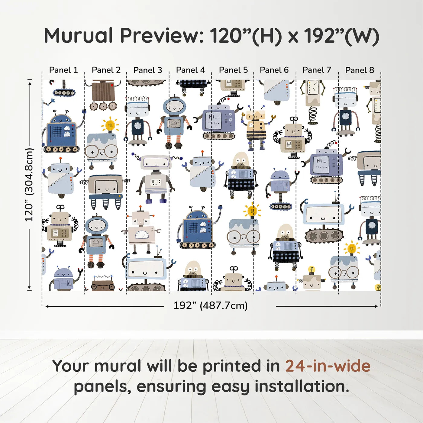 Whimsy Tots Robot Friends Wall Muraldimension view (120" H x 192" W). Printed in eight 24-inch-wide panels. Gender-Neutral