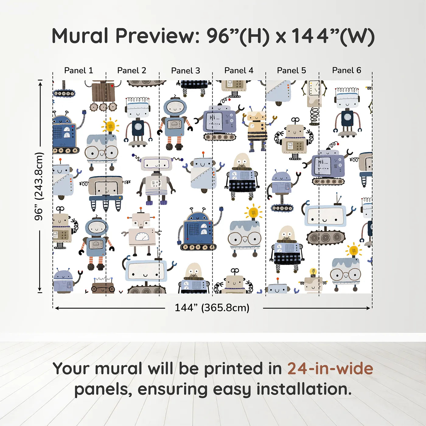 Whimsy Tots Robot Friends Wall Muraldimension view (96" H x 144" W). Printed in six 24-inch-wide panels. Gender-Neutral