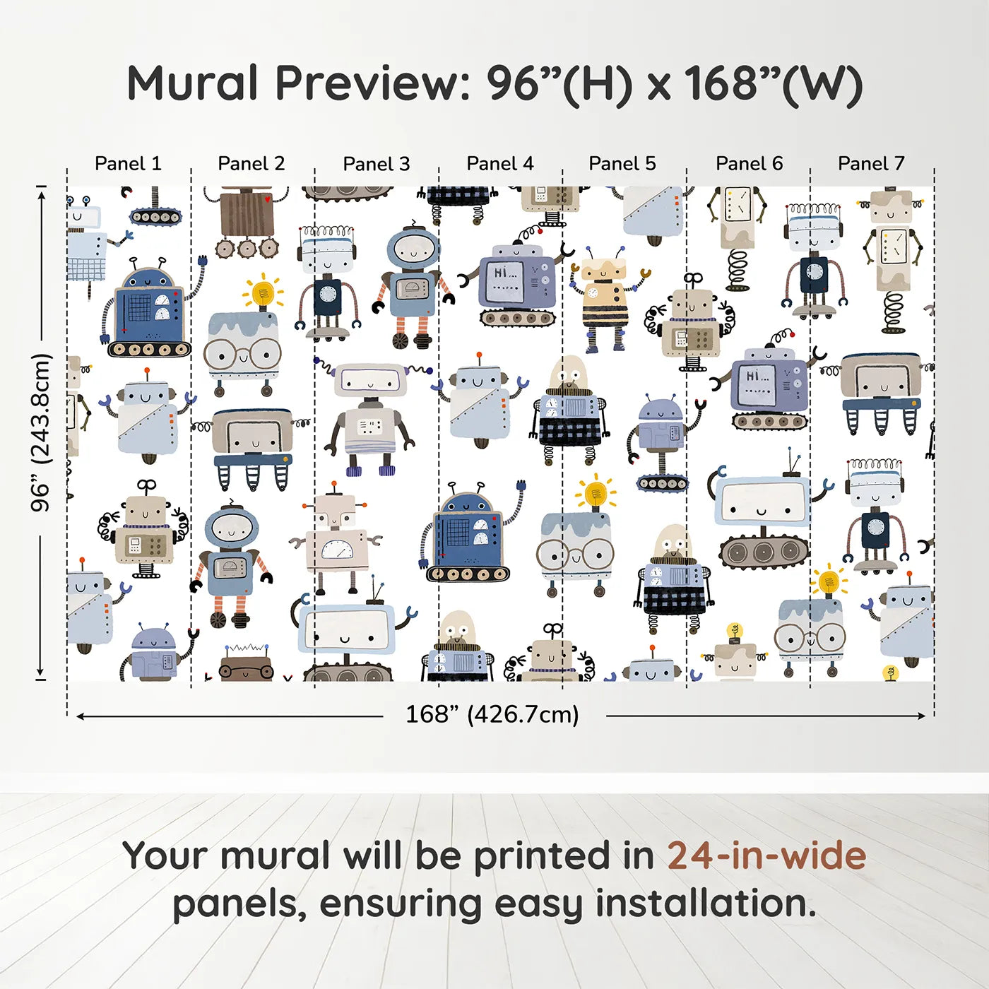 Whimsy Tots Robot Friends Wall Muraldimension view (96" H x 168" W). Printed in seven 24-inch-wide panels. Gender-Neutral