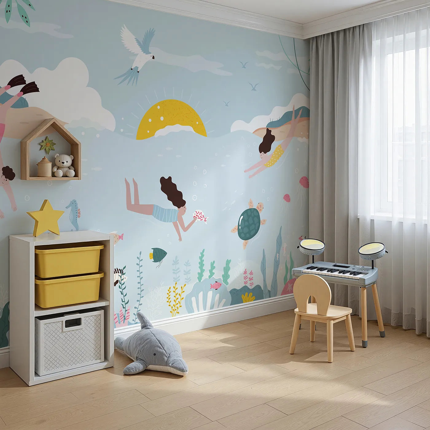 Angled view of Whimsy Tots' Summer Swim Wall Mural (Turn Their Room into a Sunny Day at the Beach).Gender-Neutral