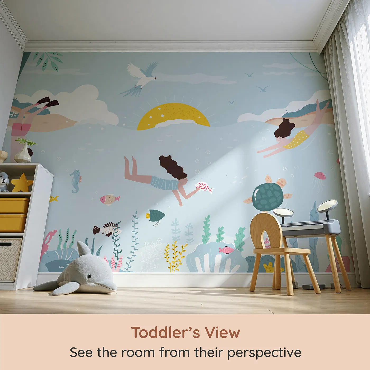 Whimsy Tots Summer Swim Wall Mural (Turn Their Room into a Sunny Day at the Beach) from your child's view.Gender-Neutral