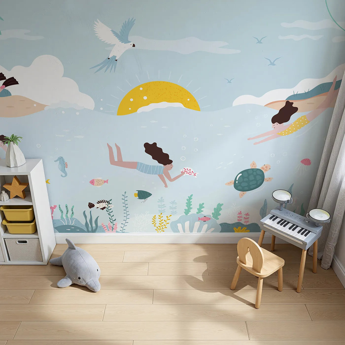 Top-down view of Whimsy Tots' Summer Swim Wall Mural (Turn Their Room into a Sunny Day at the Beach).Gender-Neutral