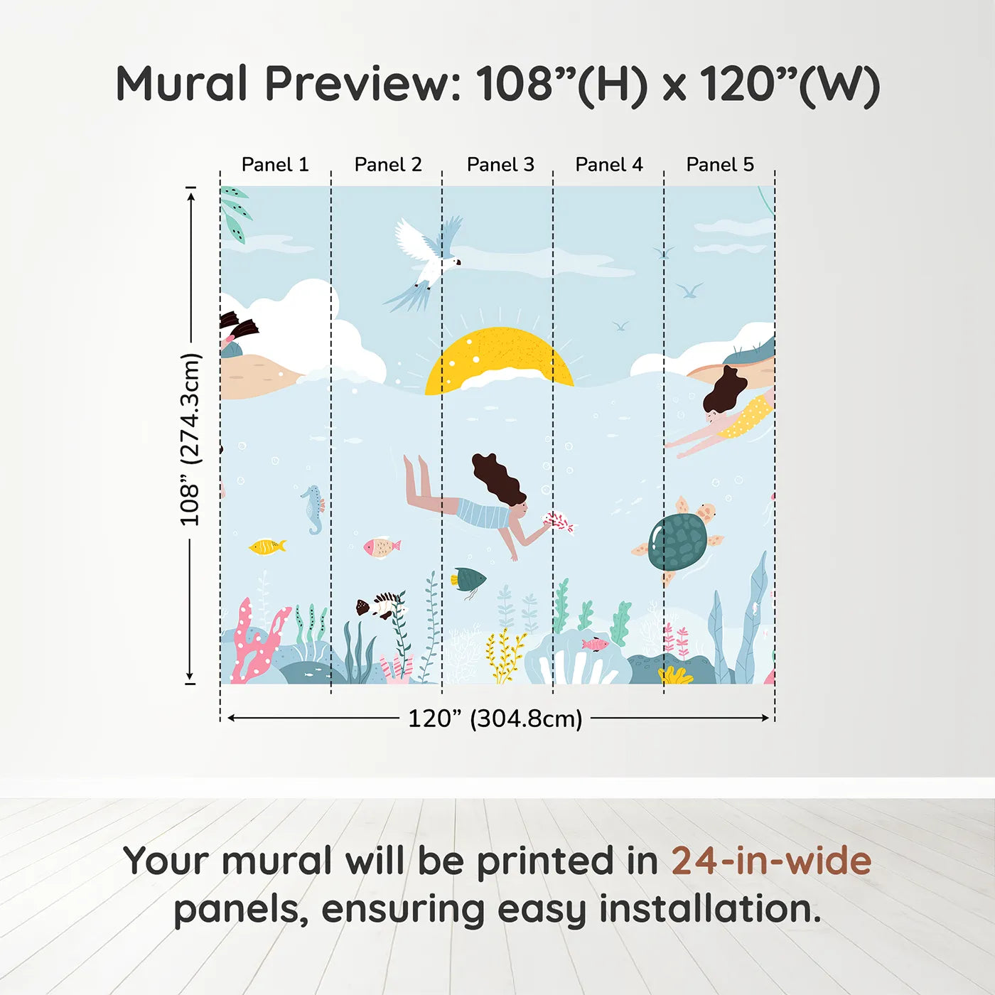 Whimsy Tots Summer Swim Wall Muraldimension view (108" H x 120" W). Printed in five 24-inch-wide panels. Gender-Neutral
