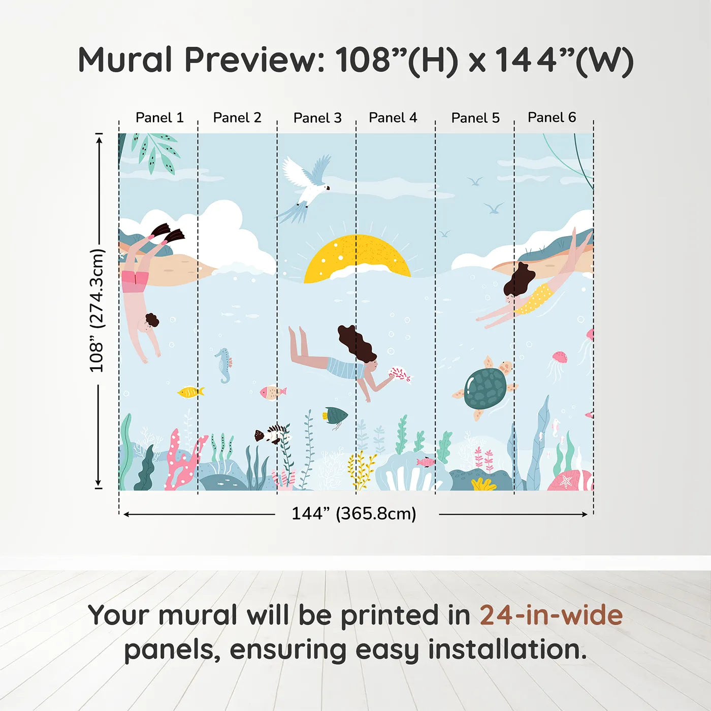 Whimsy Tots Summer Swim Wall Muraldimension view (108" H x 144" W). Printed in six 24-inch-wide panels. Gender-Neutral