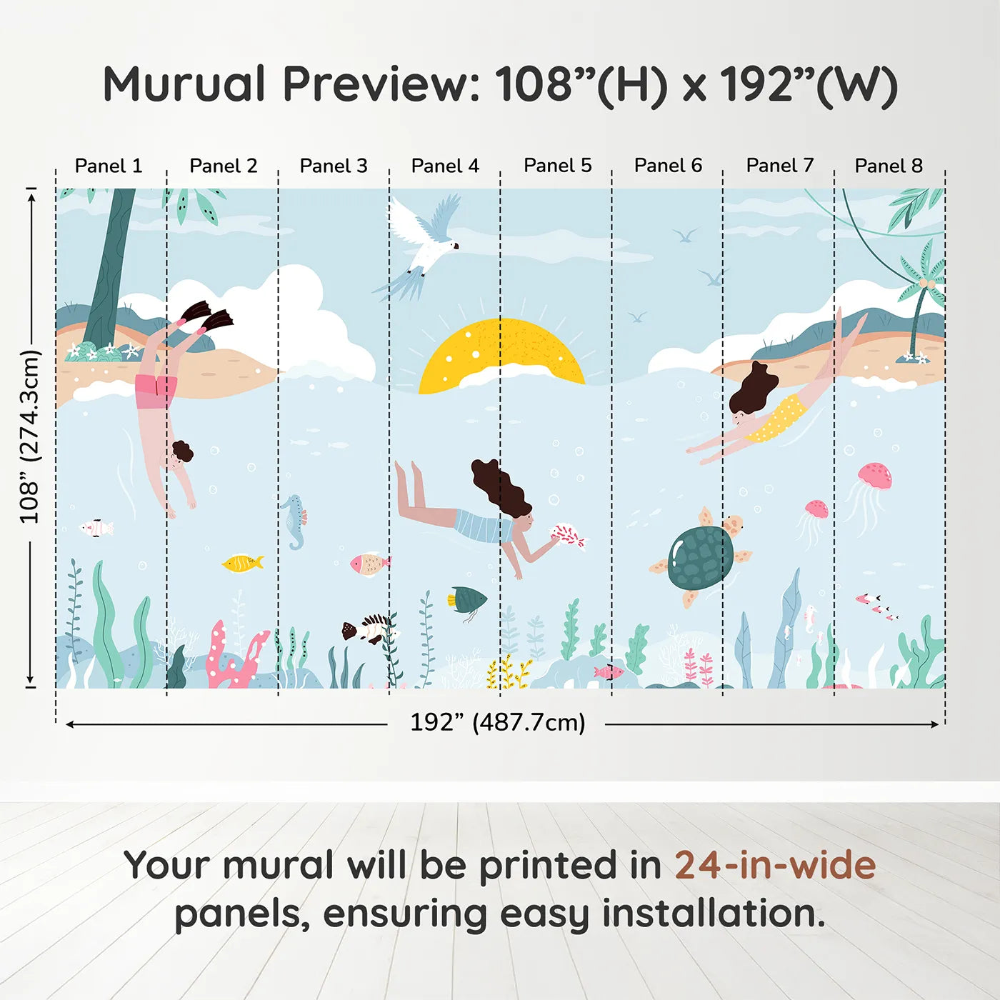 Whimsy Tots Summer Swim Wall Muraldimension view (108" H x 192" W). Printed in eight 24-inch-wide panels. Gender-Neutral