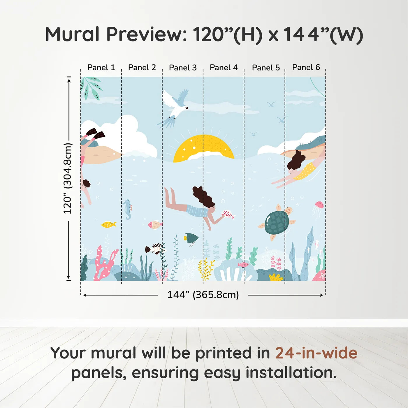 Whimsy Tots Summer Swim Wall Muraldimension view (120" H x 144" W). Printed in six 24-inch-wide panels. Gender-Neutral